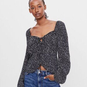 Bershka Tie-front Blouse Black and White Polka Dot Size L